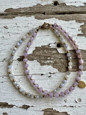 Set Of 2 Lavender & White Quartz & Gold Filled Bracelets